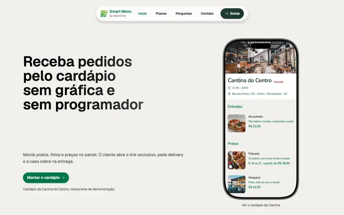 Página inicial do Smart Menu com o cardápio de demonstração da Cantina do Centro